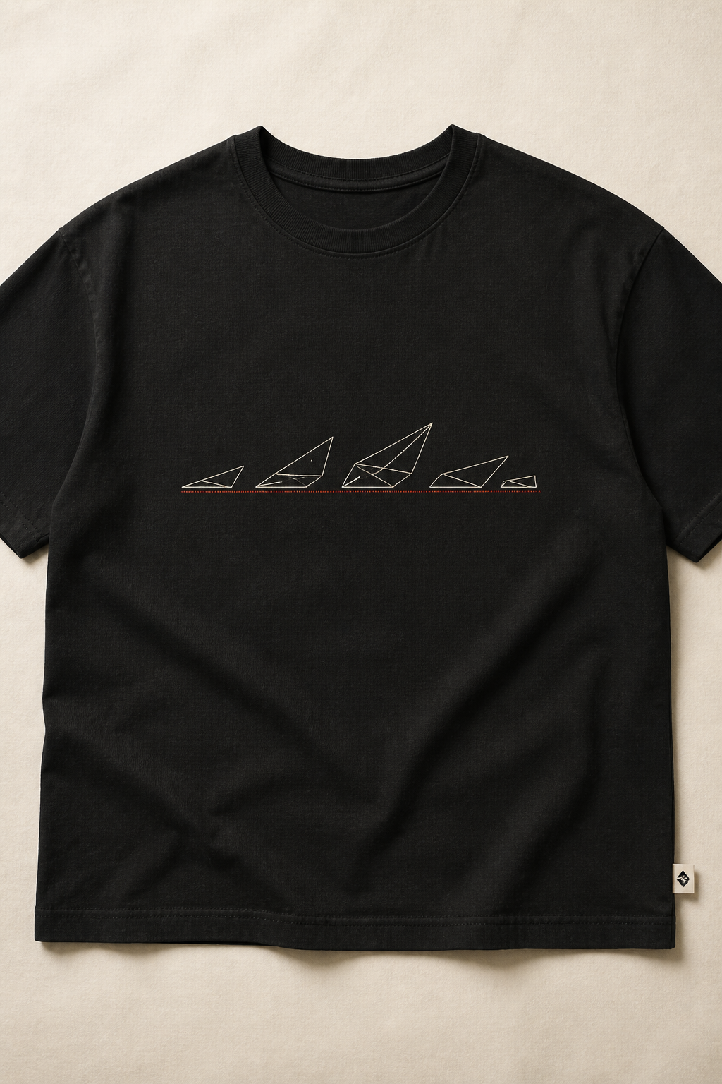 Me&yours Common Ground tee — sequence of line-drawn forms along an oxide baseline